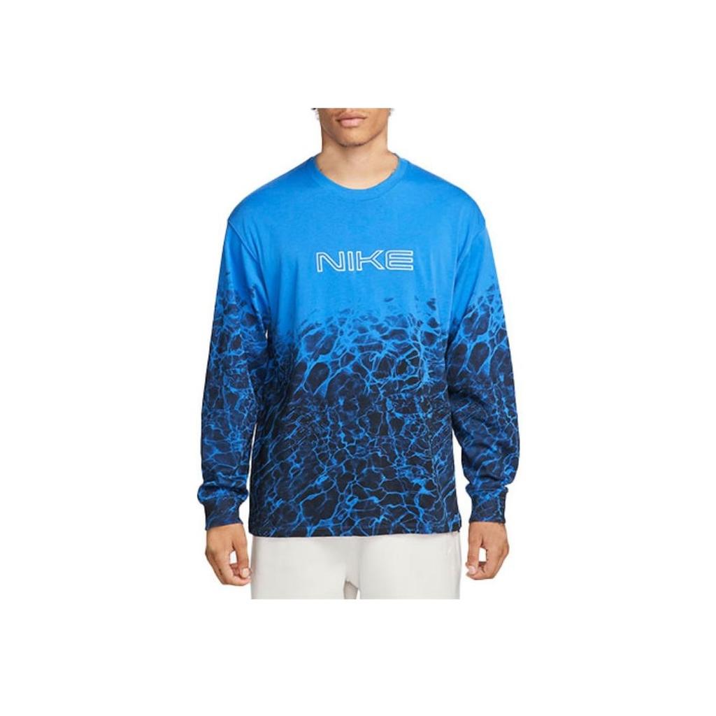 Nike Embroidered Logo Ripple Print Crew Neck Long Sleeve T-Shirt Unisex Tops Blue FB3031-403