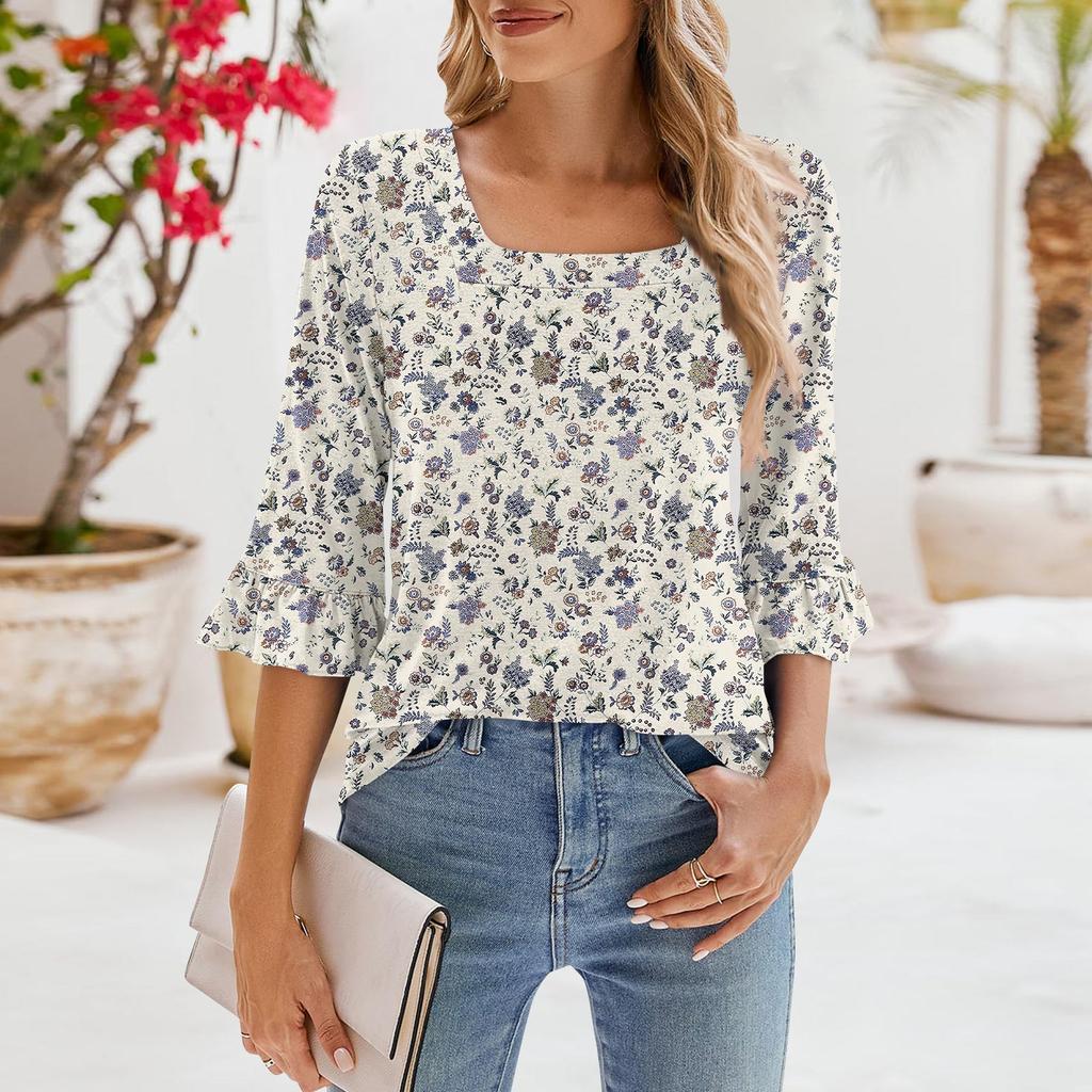 Женские повседневные топы с рукавами 3/4, летние футболки с квадратным вырезом, свободные туники с рюшами, блузки-туники