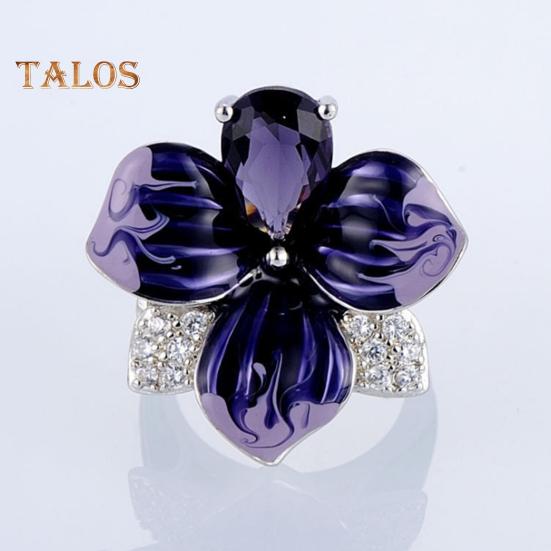 Женское кольцо 3D в форме цветка со стразами, декор из эмали, полированная медь, подарок на годовщину, свадьбу, банкет, коктейль, ювелирные изделия