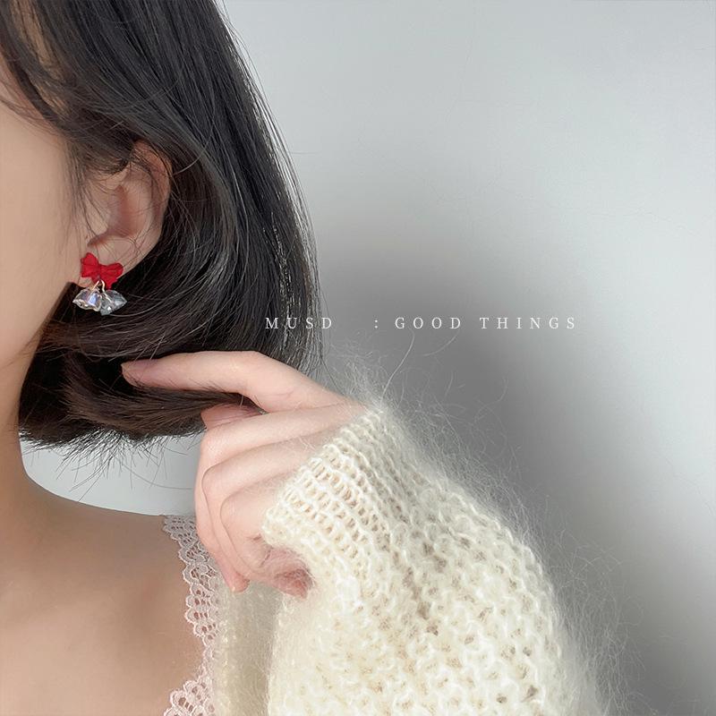 Муссовые Рождественские Красные Серьги-клипсы с Бантиком и Колокольчиком для Девочек