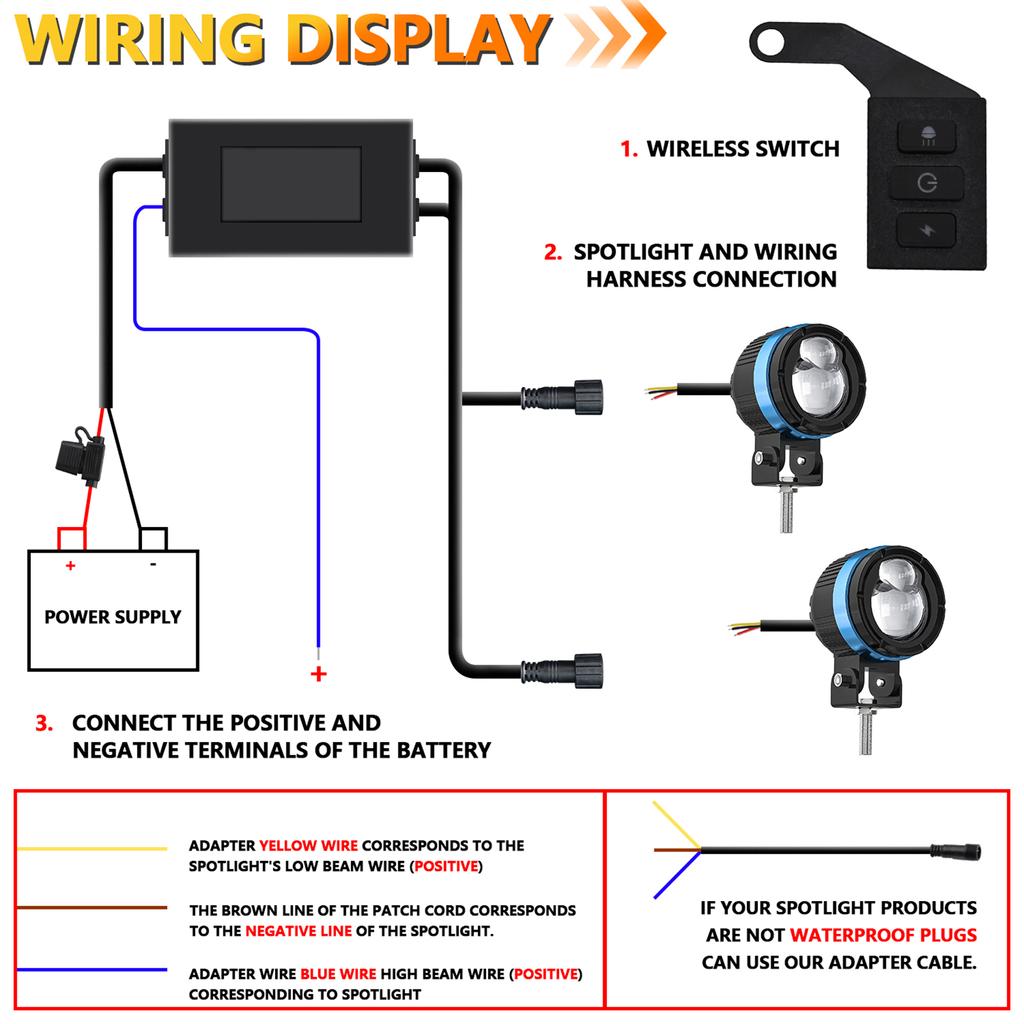 Motorcycle Wiring Harness Kit, 300W 16 AWG Waterproof Connector Wiring Harness Kit Motorcycle Spotlight Wiring Harness