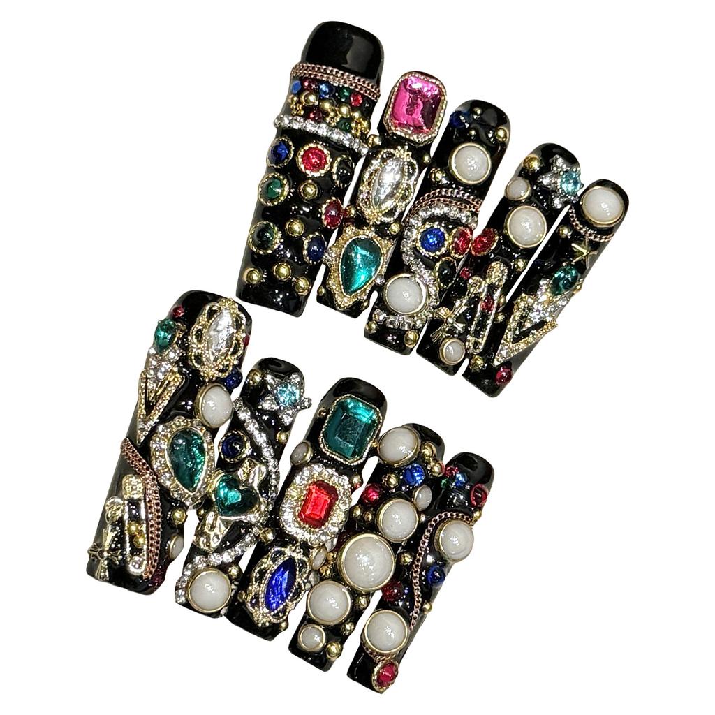10Pcs Long Tube Ladder False Nails with Zircon Stone for Party Wedding