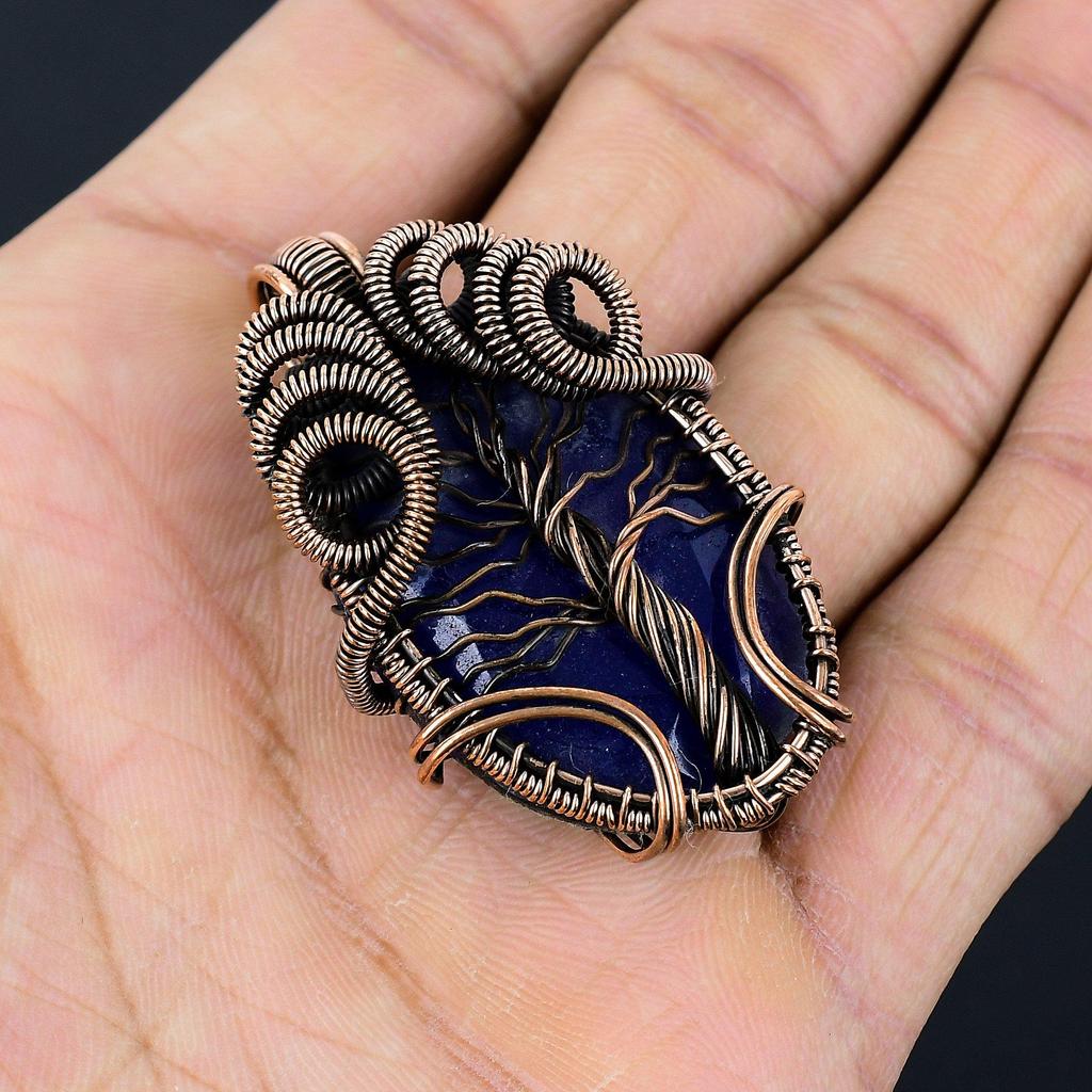 Blue Sapphire Pendant, Handmade Gemstone Pendant, 999 Copper Wire Wrapped Pendant Antique Jewelry, For Engagement Gift