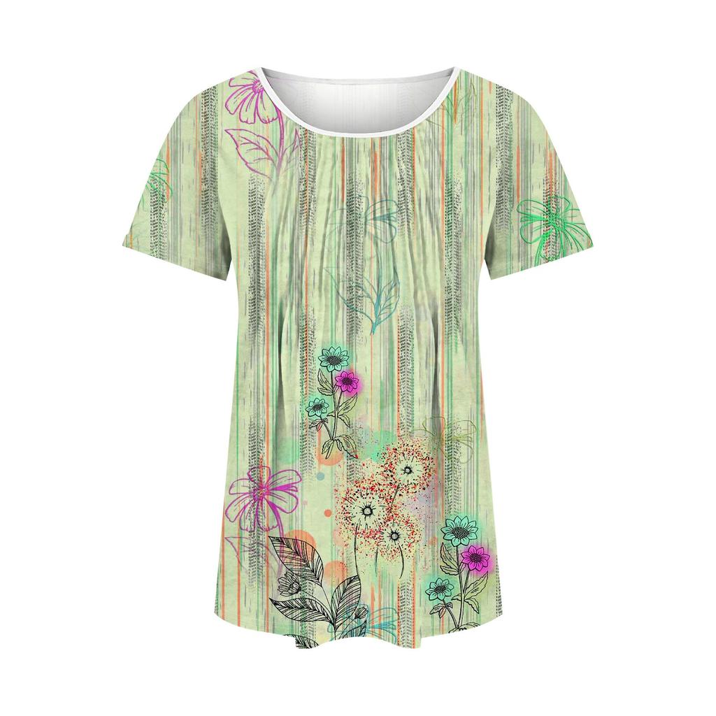 Женская модная повседневная плиссированная футболка с короткими рукавами и круглым вырезом с градиентным принтом