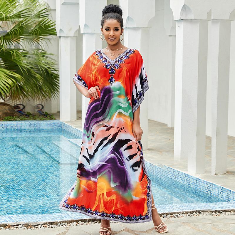 EDOLYNSA Красочное богемное платье-кафтан для женщин с v-образным вырезом, накидка для купания, плюс размер, пляжная одежда с рукавами «летучая мышь», длинный отпускный халат Q841