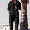 Summer Casual Cotton Linen Two Piece Men Set Fashion Loose V Neck Half Sleeve Tops and Trouser Suits Mens