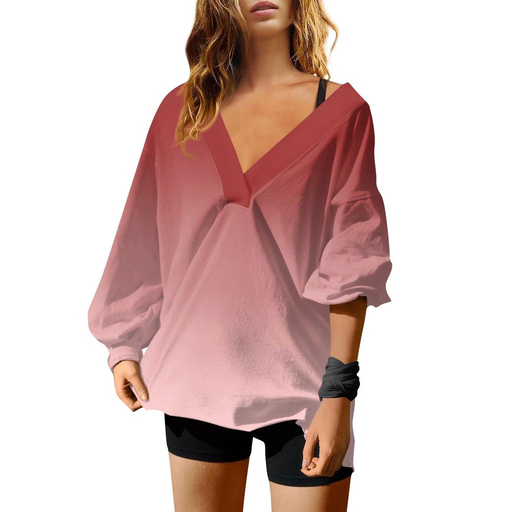 Женская мода градиентный цвет V-образный вырез длинный рукав свободный пуловер свитшот топ