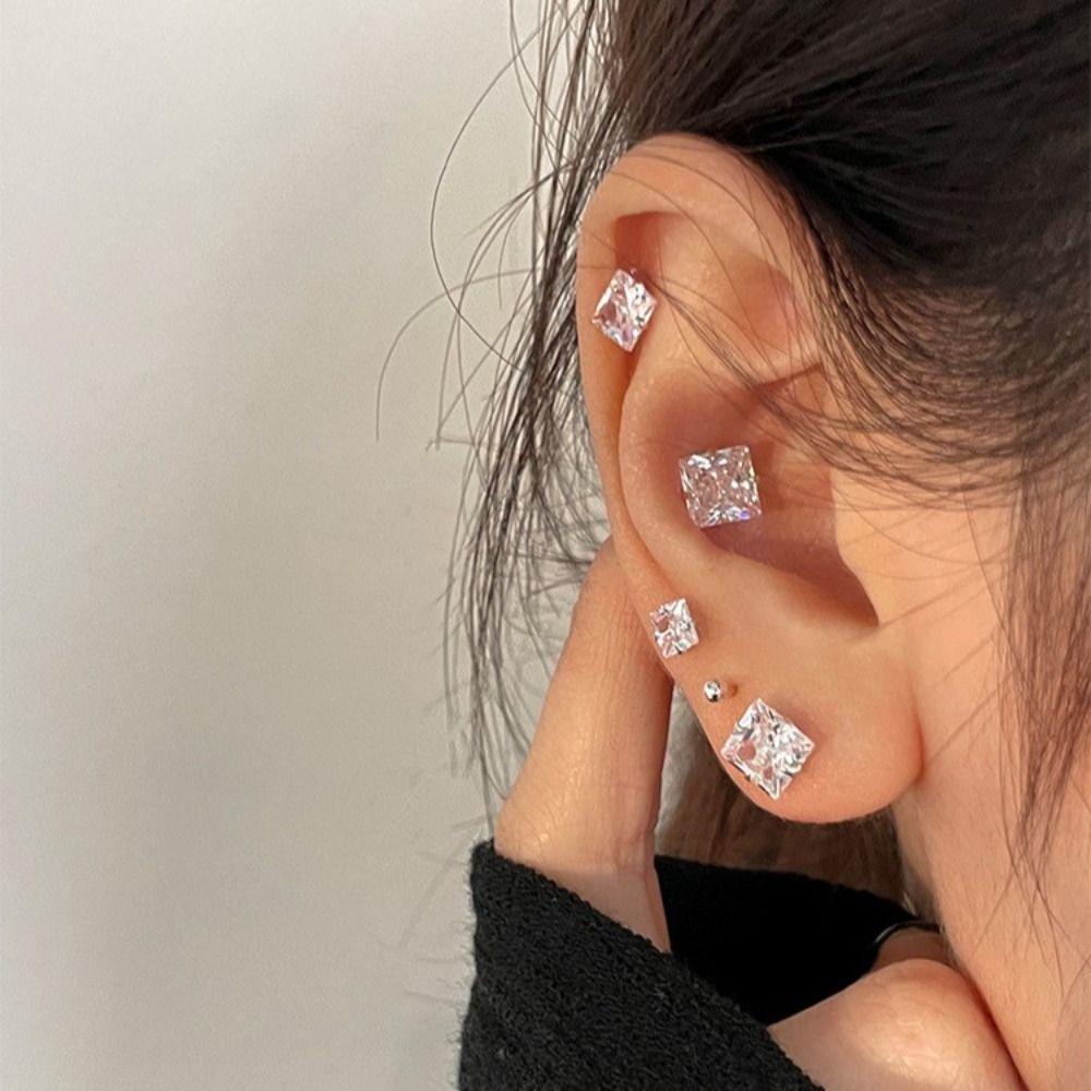 Simple Exquisite Shiny Korean Style Earrings Women Jewelry Square Stud Earrings Zircon Earrings