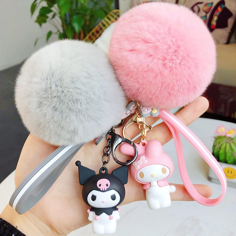 Sanrio Hello Kitty Kuromi Melody Cinnamoroll Очаровательные брелоки с мягким шариком из кроличьего меха Подвеска на сумку для женщин и девочек Брелок Подарки
