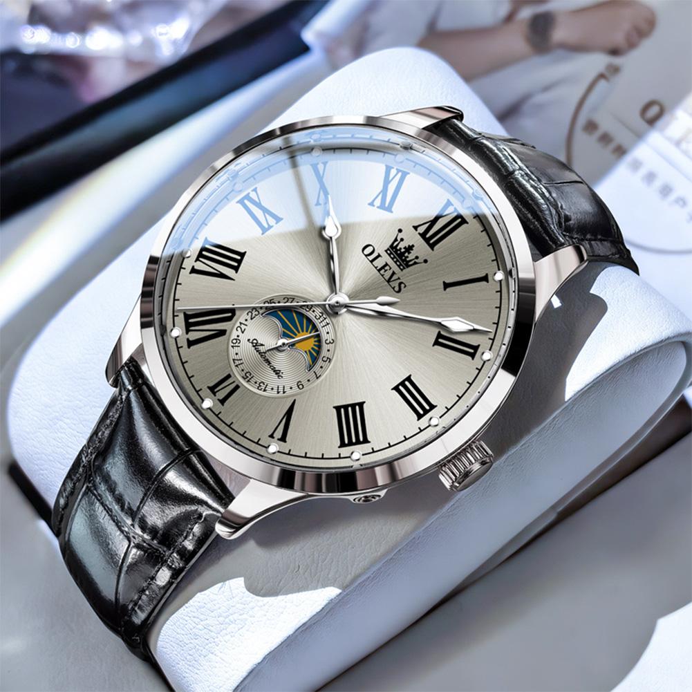 OLEVS New Fashion Automatic Men Watch Casual Mechanical Watch Men's Luxury Top Leather Moon Phase Watch Reloj+Box