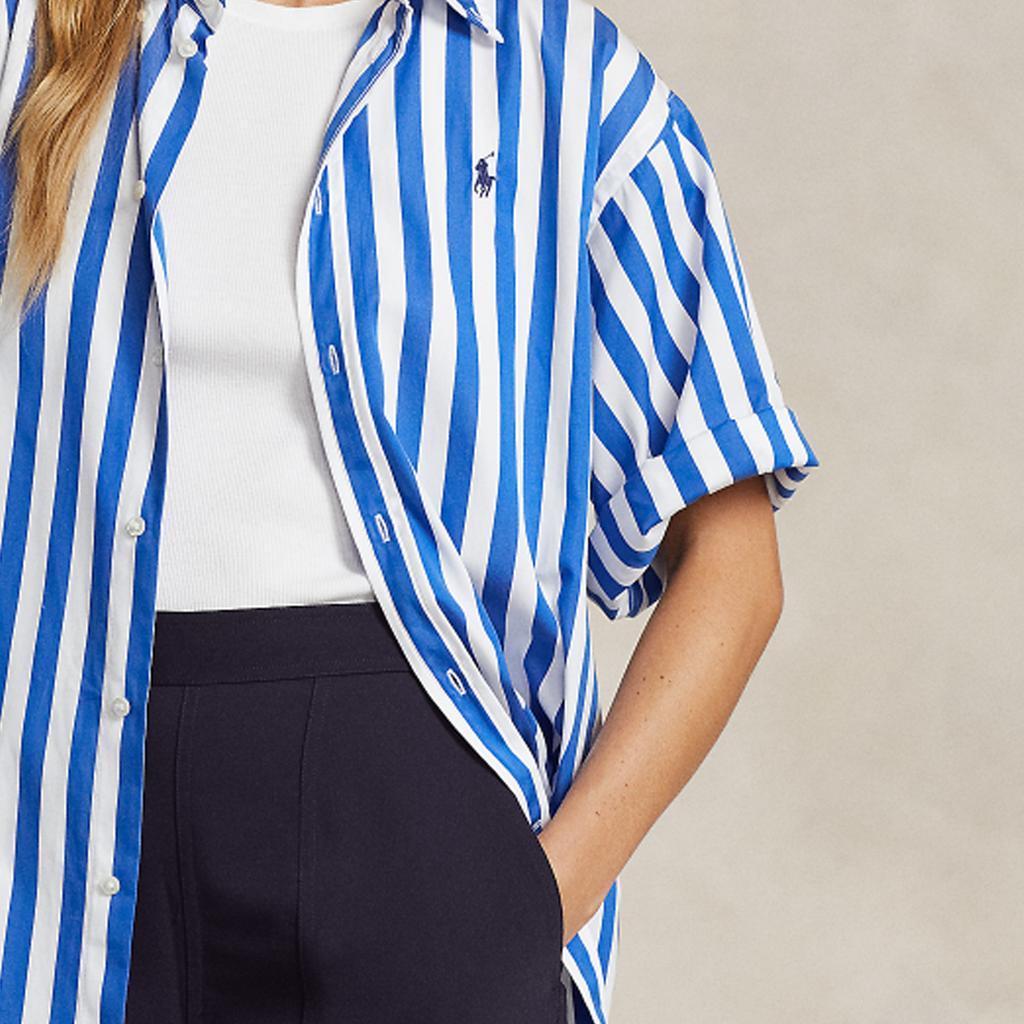 Polo Ralph Lauren Ss24 Рубашка с коротким рукавом свободного кроя с вышивкой логотипа в полоску женская рубашки Синий WMPOSHTNDO20511-400