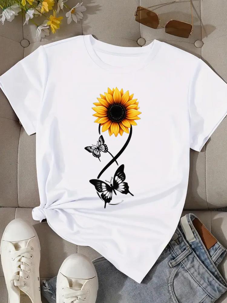 (Asian Size) Flower Cute Butterfly Print Fashion Female Tee Top Women Clothing T Shirt Woman Short Sleeve Graphic T-shirts