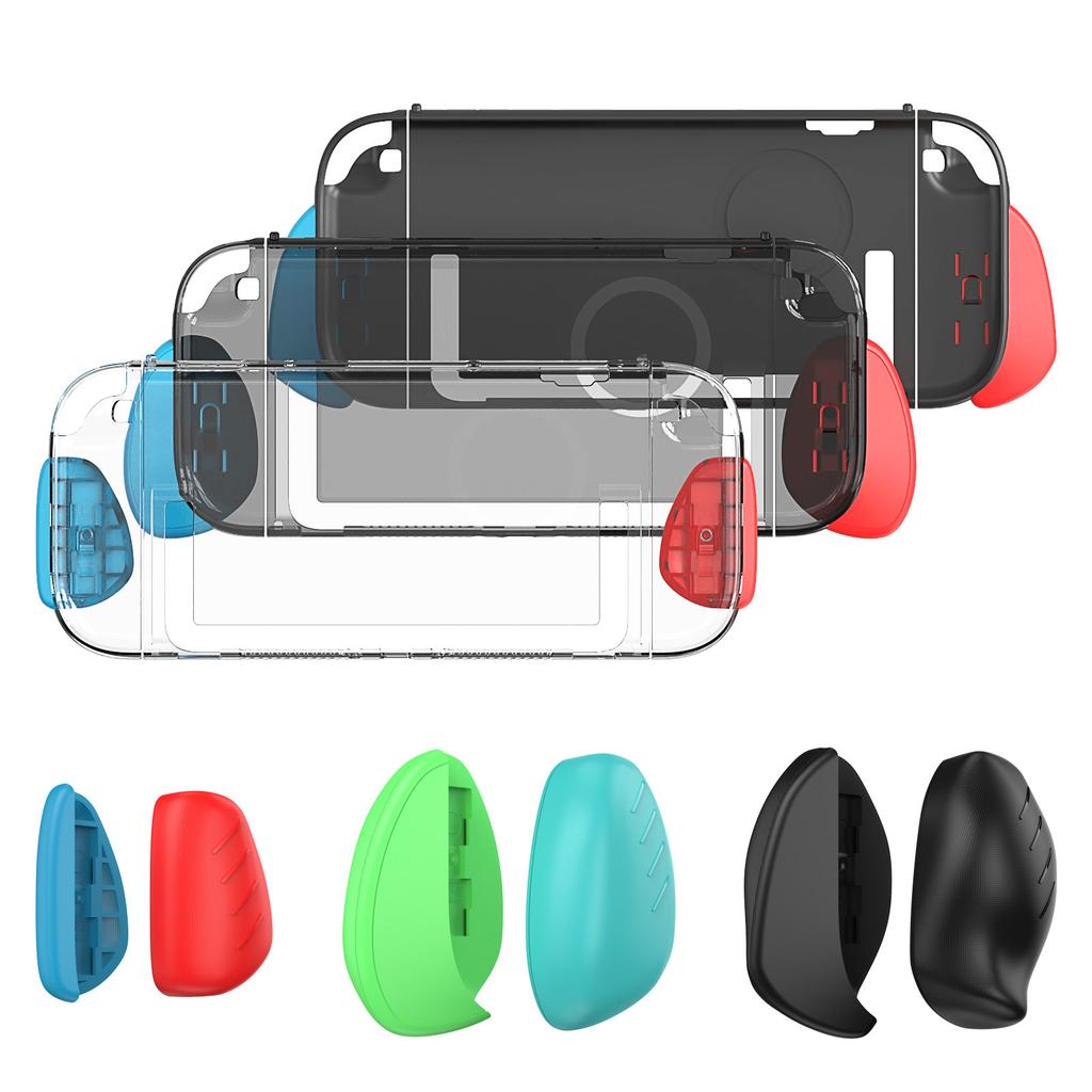 Switch 2 Transparent Case with 6 Interchangeable Grip Covers (3 Thickness Sets) - Anti-Slip Texture, Magnetic & Dock Compatible