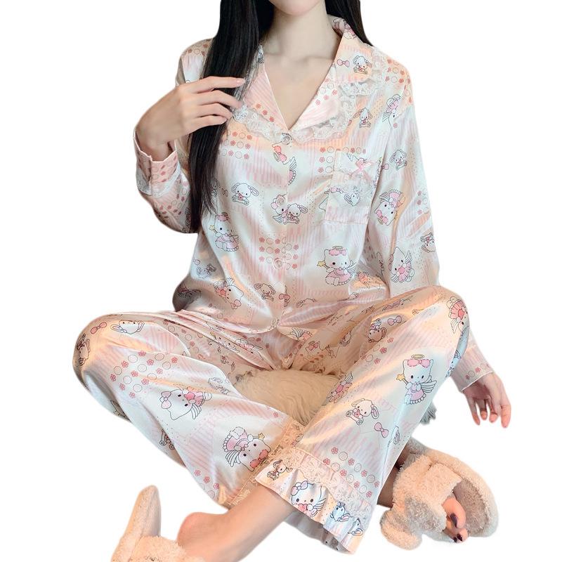 Japanese Sweet Ins Ice Silk Pajamas Set for Women - Light Luxury, Long Sleeve, Long Pants, Suitable for Spring and Autumn/Homewear.