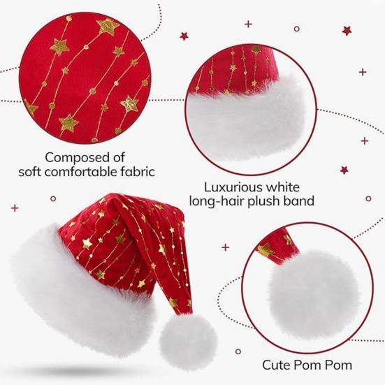 Golden Star Santa Hat Red Christmas Hat with White Fluffy Pompom Fuzzy Xmas Hat for Festive Gathering Christmas New Year Party