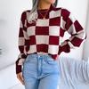 GMXIA Women's Fashion Casual Plaid Print Autumn Winter Long Sleeve Round Neck Loose Street-style Color Pullover Sweater