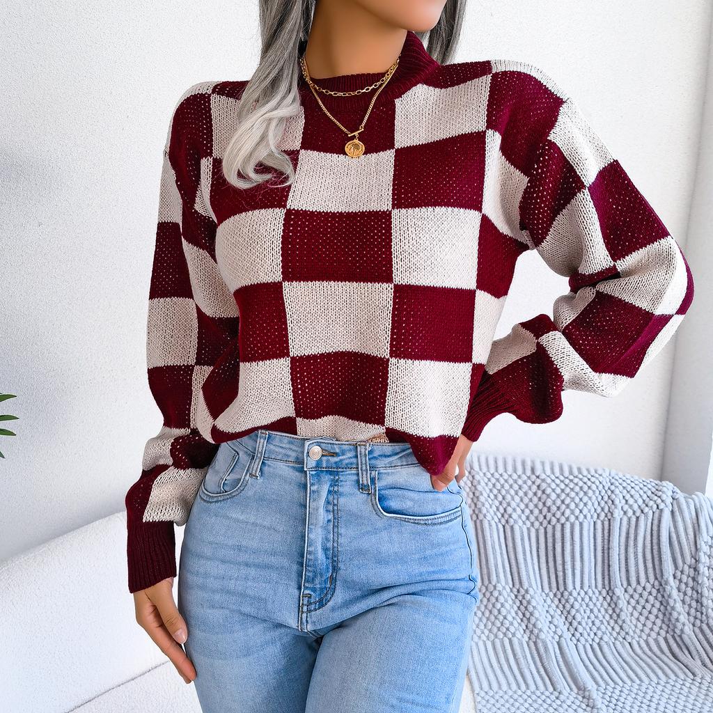 GMXIA Women's Fashion Casual Plaid Print Autumn Winter Long Sleeve Round Neck Loose Street-style Color Pullover Sweater