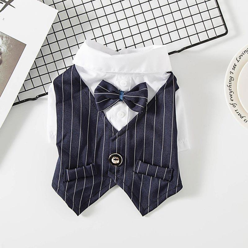 Gentleman Dog Clothes Eco-Friendly Cotton Striped Bowtie Tuxedo Pet Outfit Wedding Suit Formal Shirt for Small Dogs Summer