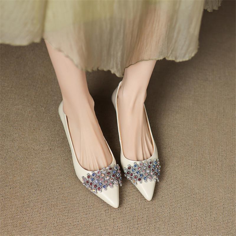 Fashion New Spring/Autumn Genuine Leather Women Shoes Pointed Toe Shoes for Women Fashion Rhinestone Loafers Shallow Mouth Women Pumps