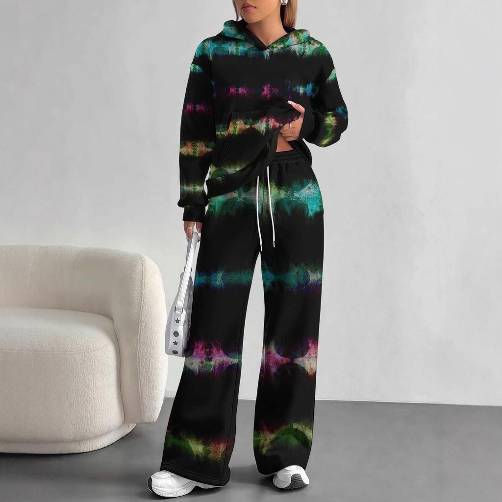 Сшитый tie-dye европейский и американский повседневный костюм с длинным рукавом женский худи с капюшоном и брюки комплект из двух предметов