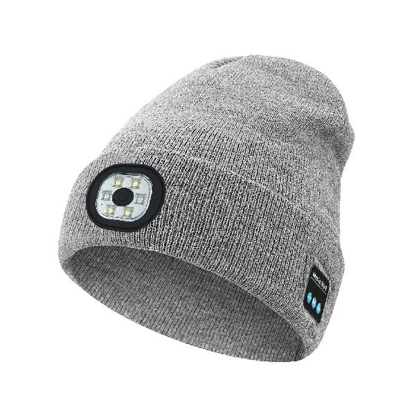 Rechargeable LED Bluetooth Beanie Hat, 6-Lamp Headlight Wireless Knit Hat with Music, USB Charging Winter Cap for Running Camping Party