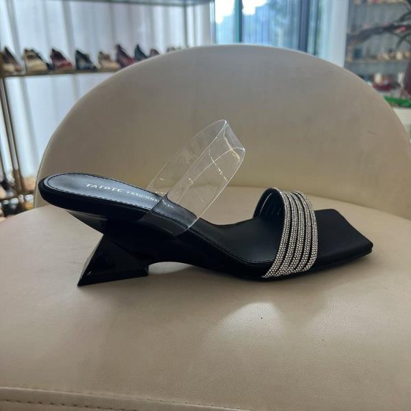 Модная женская обувь с квадратным носком, тапочки, женские летние шлепанцы, желейные шлепанцы, мюли на каблуке, шлепанцы 2025, блочный блестящий высокий гавайский каблук