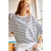 Women's White Black Striped Basic Soft Textured Loose Sweatshirt Swt-19000457