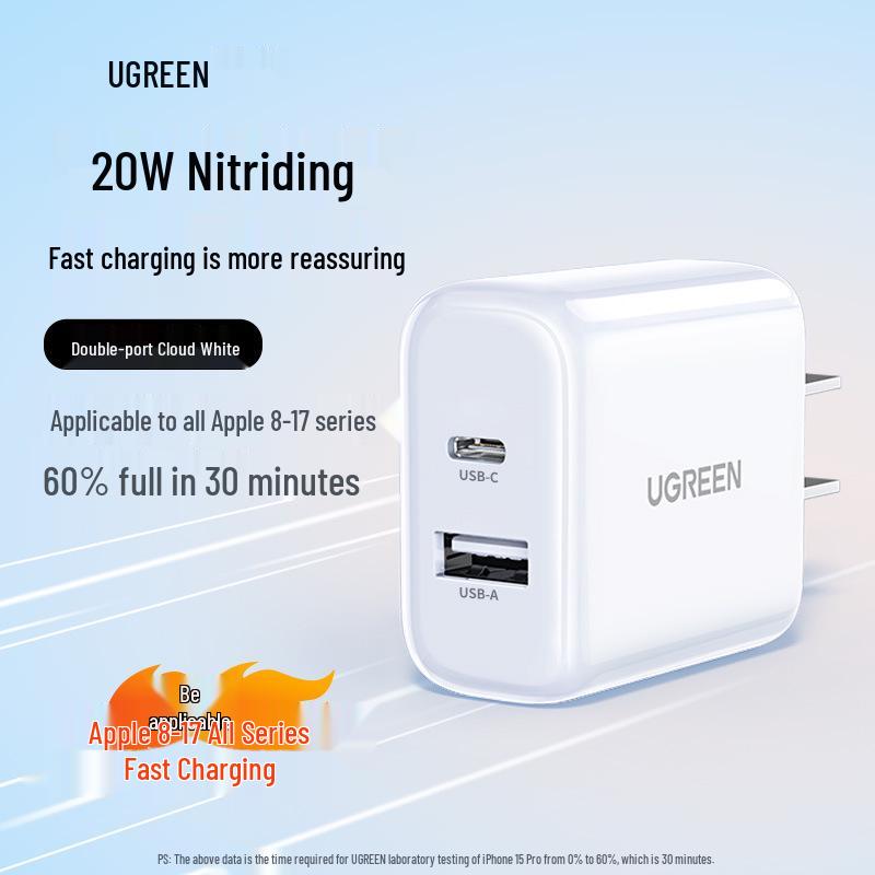 UGREEN 30 Вт двухпортовое зарядное устройство для iPhone 15/13, iPad, Huawei, Android