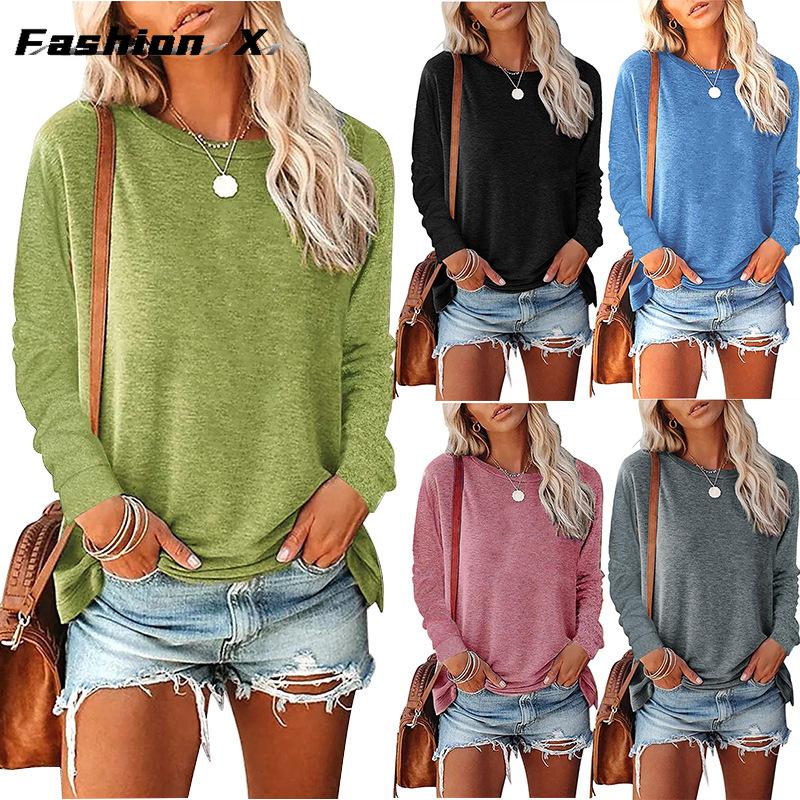 Женский свободный пуловер с круглым вырезом, однотонная женская футболка с длинными рукавами, топ