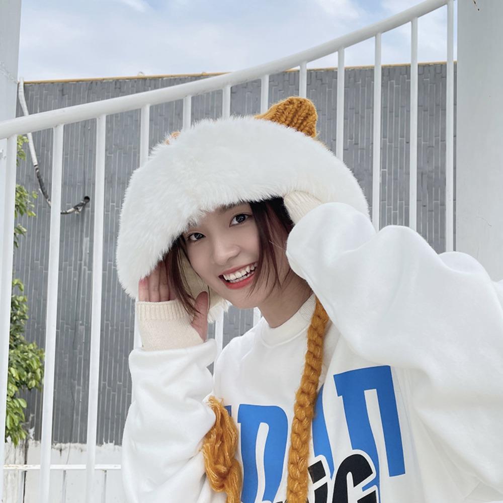 Ветрозащитная плюшевая шапка, вязаная шапка из искусственного меха, модная шапка с кошачьими ушками, для девочки