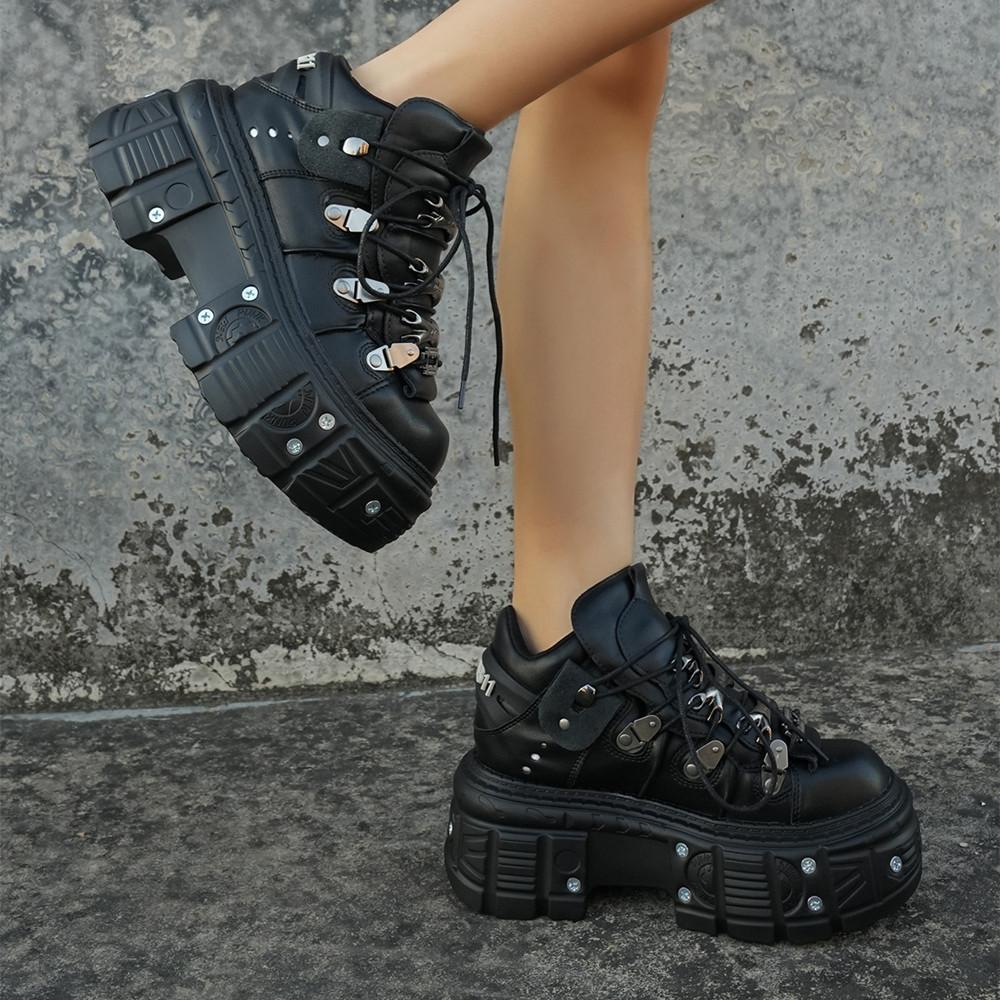 Новые весенние женские ботильоны в панк-стиле для женщин, на шнуровке, с круглым носком, на толстой подошве-платформе, ботильоны для женщин, черные мужские кроссовки