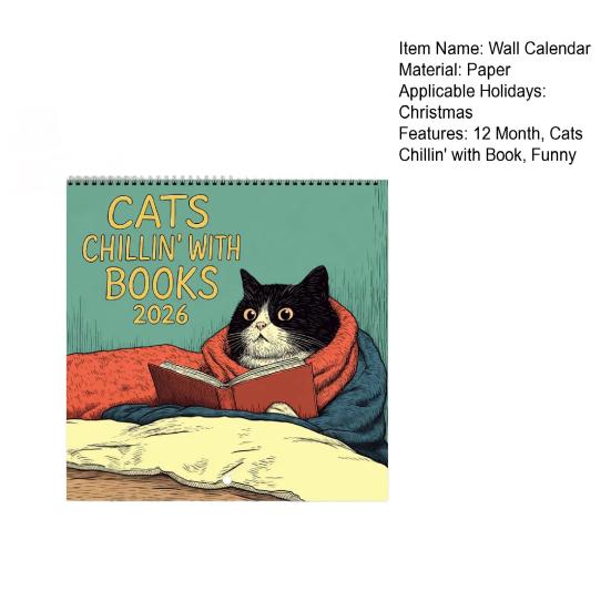 Cats Chillin' with Book 2026 Wall Calendar Funny Cat-Themed 12 Monthly Planner Spiral-Bound Wall Hanging Calendar for Cat Lovers Bookish Gift