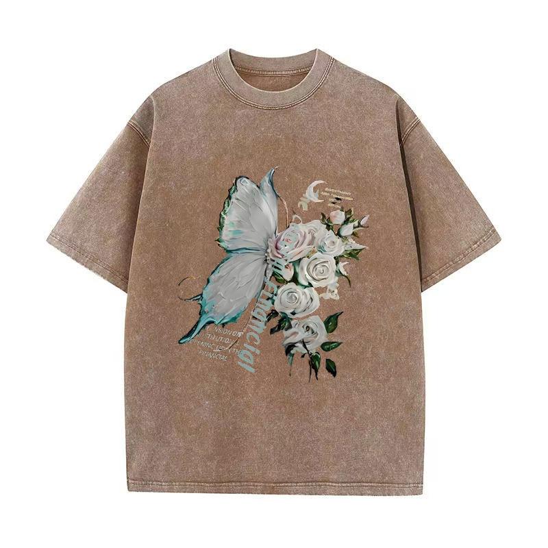 Плюс размер летние мужские и женские с одинаковым принтом бабочек, стираные футболки с короткими рукавами, футболки с короткими рукавами, футболки с логотипом Foreign Trade