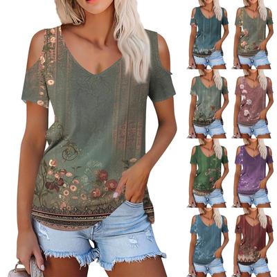Женская летняя модная повседневная футболка с цветочным принтом без бретелек с v-образным вырезом и коротким рукавом, топ