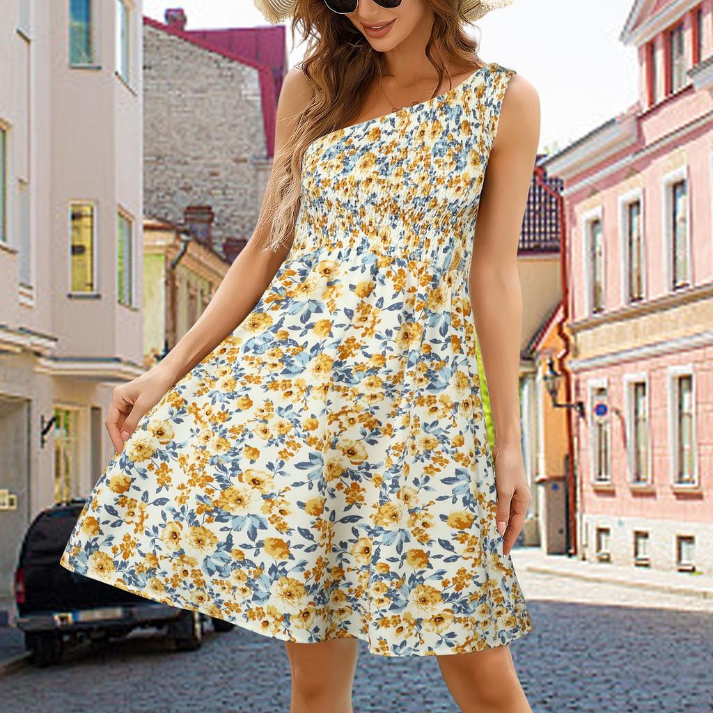 Summer Beach Skirt Floral One Shoulder Medium Length Dress Bohemian Strapless Strapless Dress