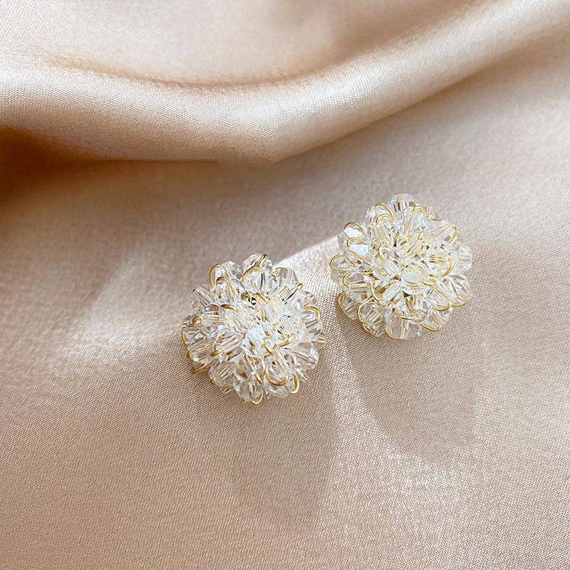 Crystal Flower Earrings, Handwoven Romantic Design, Elegant Women's Jewelry, Special Gift or Wedding Accessory, 2x2cm