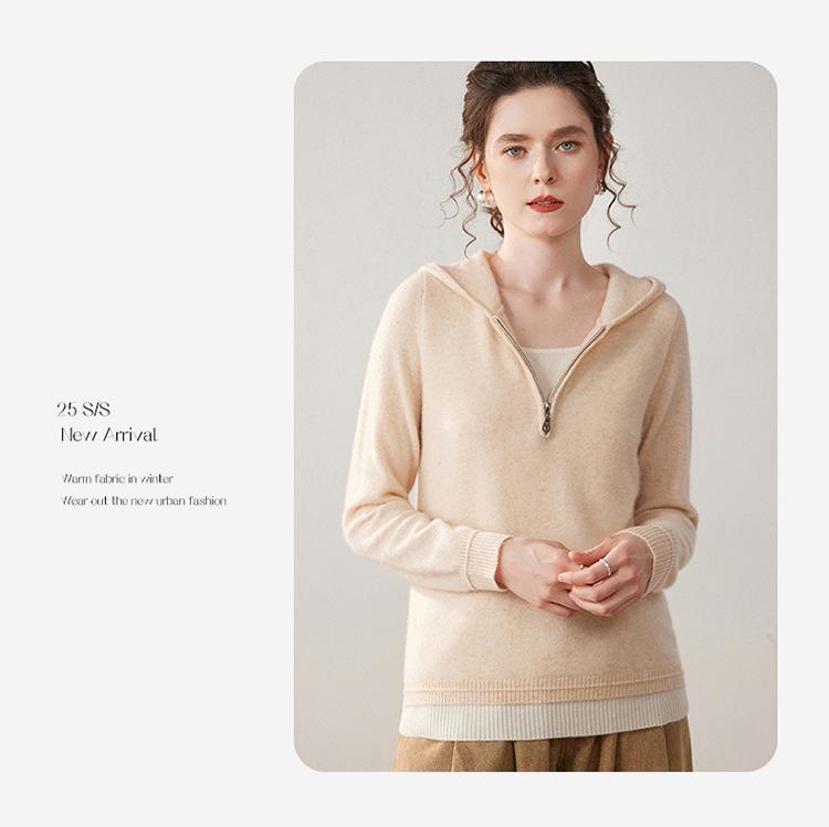 Women's Faux Two-Piece Hooded Cashmere Cardigan - Autumn/Winter Knit Outerwear Sweater