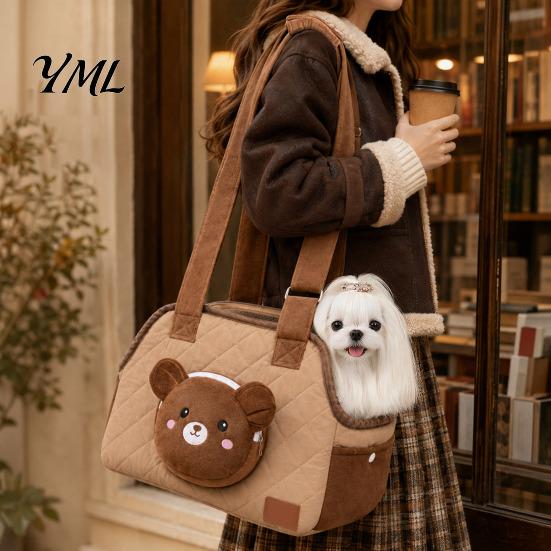 Cat Travel Carrier Quilted Purse, Breathable Pet Shoulder Bag, Mesh Window, Zipper Closure, Safety Buckle, Warm Velvet Cute Bear Elephant Front