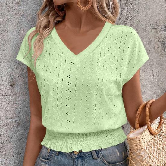 Women Tops V-Neck Short Sleeve Jacquard Decoration Pullover Tops Solid Color Loose Fit Elastic