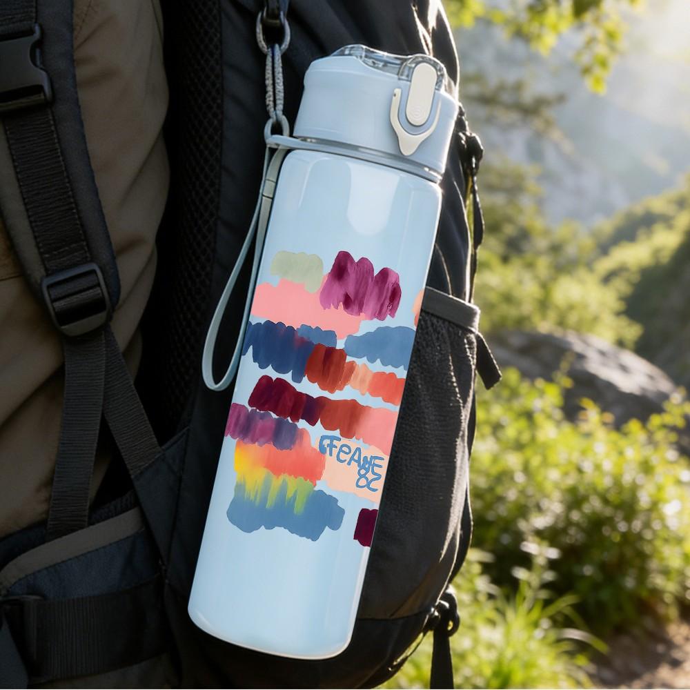 1PC Color Block Abstract Brush Art 750ml Color Plastic Sports Water Bottle Leakproof Flip Straw Lid Suitable for Sports Office Home Use