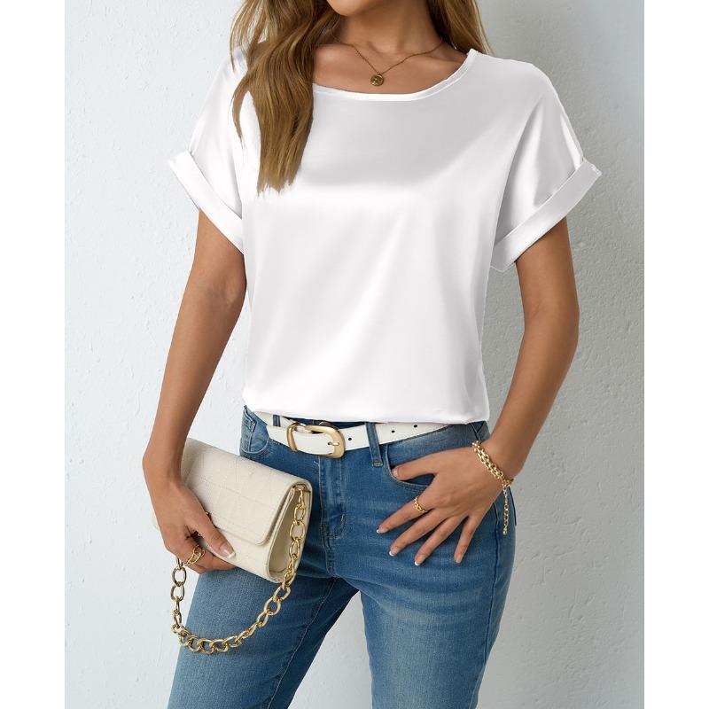 Women's Spring Summer Short-sleeved Satin Shirt Loose Casual Color T Shirt