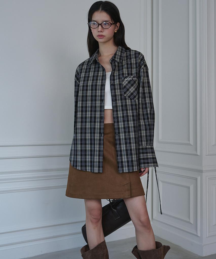 OPENING SUNSHINE Ribbon Detail Oversized Cotton Shirt_Check Black