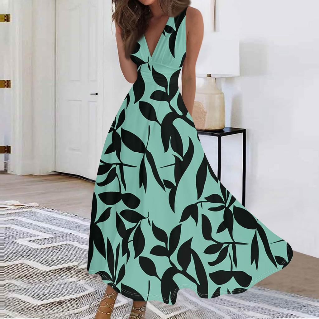 Женские модные повседневные свободные платья с V-образным вырезом без рукавов с принтом