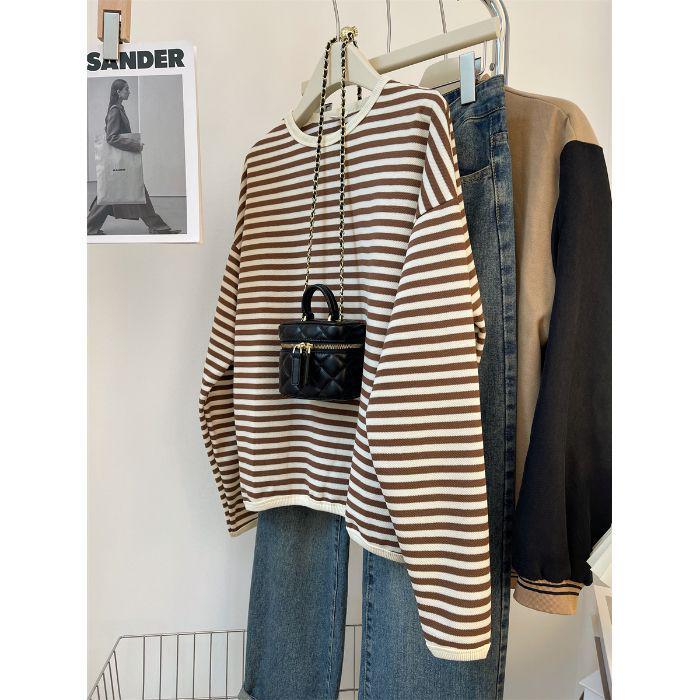 Нишевый свитшот в полоску с цветовыми блоками - Осень/Зима 2025, Свободный пуловер с длинным рукавом