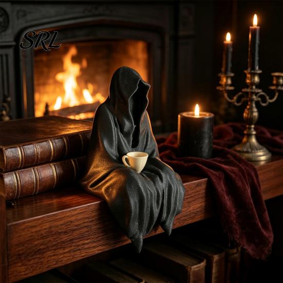 Waterproof Outdoor Garden Decor Hooded Ghost Resin Figurine, Mysterious Faceless Statue with Coffee Cup, Gothic Spooky Window Display Props for Shelf