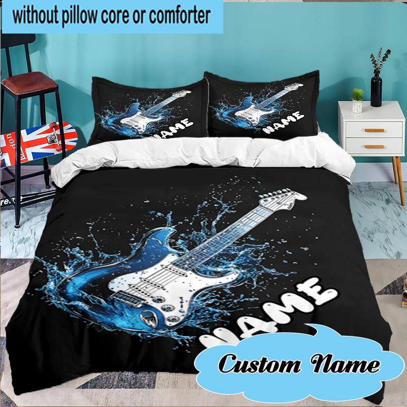 Custom Name 3PCS Cartoon Guitar Bedding Set Including 1pc Duvet Cover And 2pcs Pillowcases for Bedroom, Dormitory Gift Home Decor
