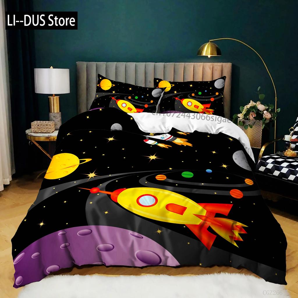Пододеяльник с изображением космического корабля для мальчиков, детский комплект постельного белья с изображением астрономии, микрофибра, космические приключения, красочный космический корабль, королевский пододеяльник