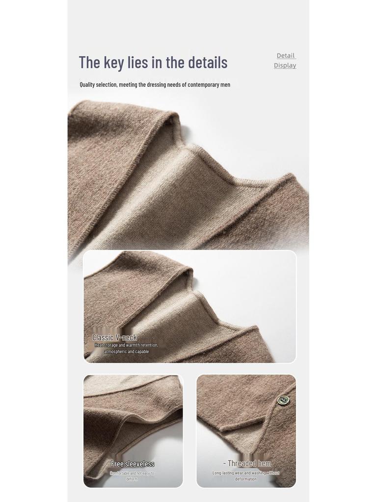 Men's Loose Casual V-neck Color Block Thickened Cashmere Knitted Sleeveless Vest Cardigan