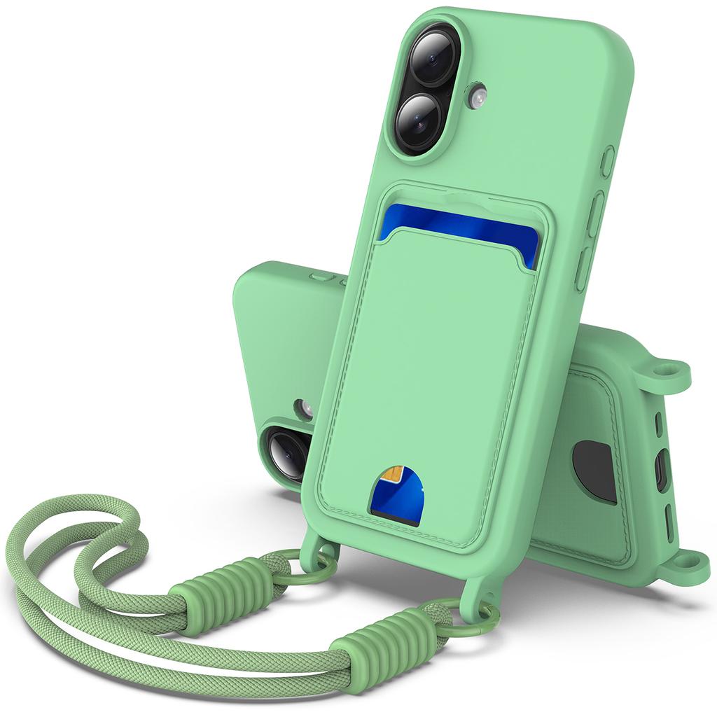 Чехол для iPhone 16 Plus Жидкий силикон Держатель для карт Задняя крышка телефона с коротким ремешком