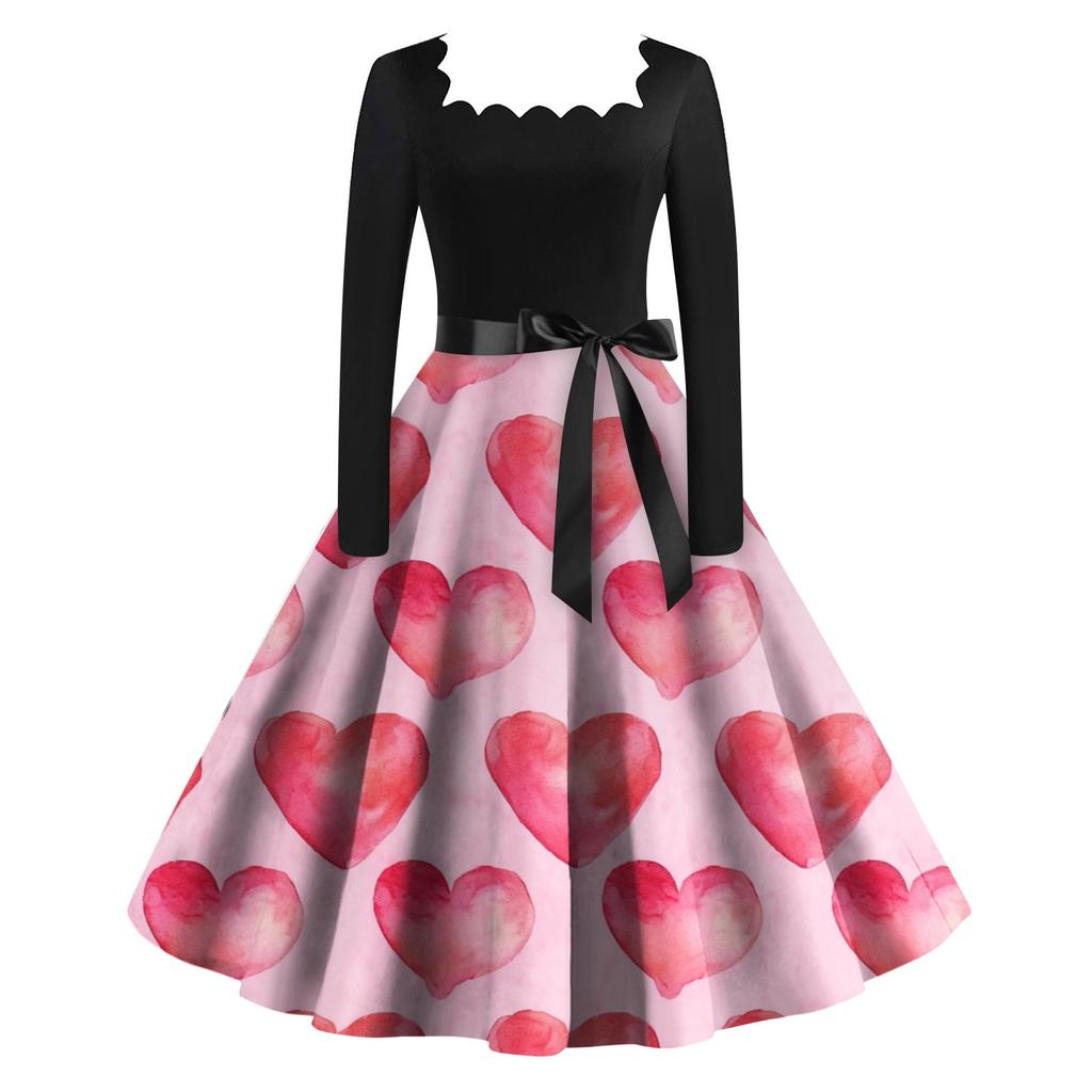 Женское винтажное классическое платье с длинным рукавом и принтом ко Дню святого Валентина, свободное платье с квадратным воротником